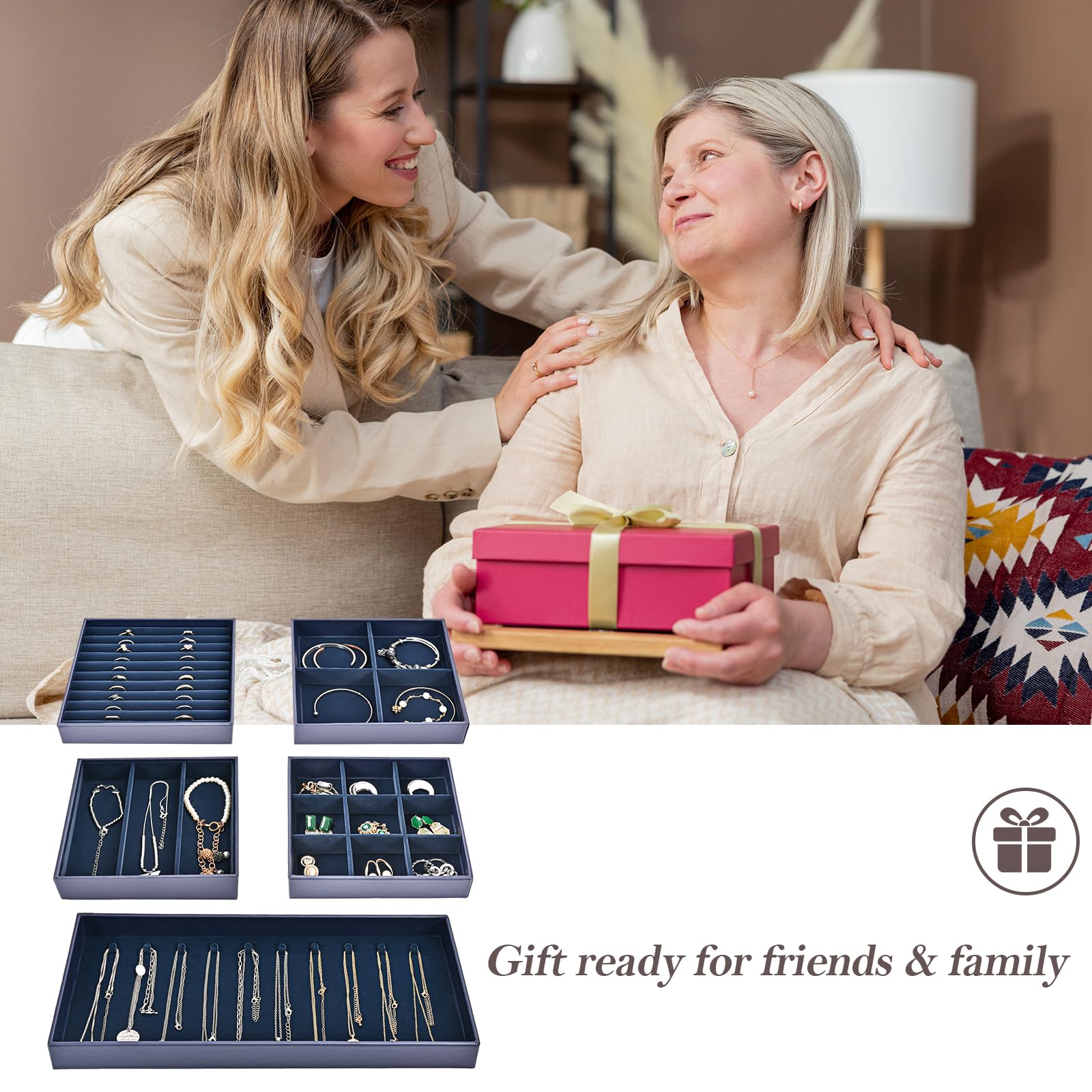 ProCase Jewelry Organizer Jewelry Tray Jewelry Drawer Inserts Mothers Day Gift, Set of 5 Stackable Jewelry Drawer Dividers Container Necklace Display Trays Storage Box for Dresser- Darkblue