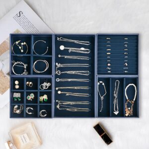 ProCase Jewelry Organizer Jewelry Tray Jewelry Drawer Inserts Mothers Day Gift, Set of 5 Stackable Jewelry Drawer Dividers Container Necklace Display Trays Storage Box for Dresser- Darkblue