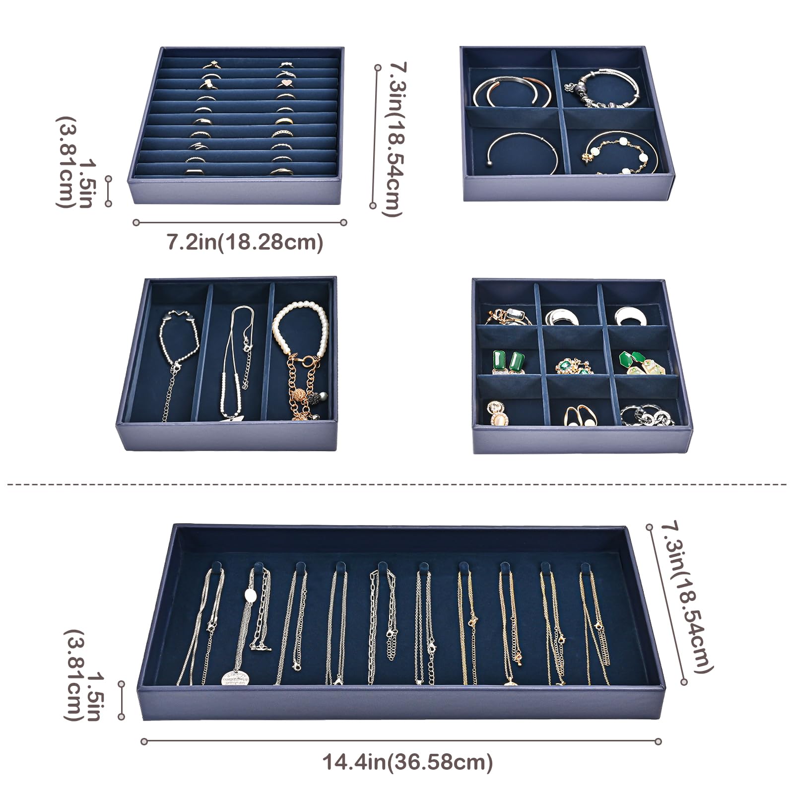 ProCase Jewelry Organizer Jewelry Tray Jewelry Drawer Inserts Mothers Day Gift, Set of 5 Stackable Jewelry Drawer Dividers Container Necklace Display Trays Storage Box for Dresser- Darkblue