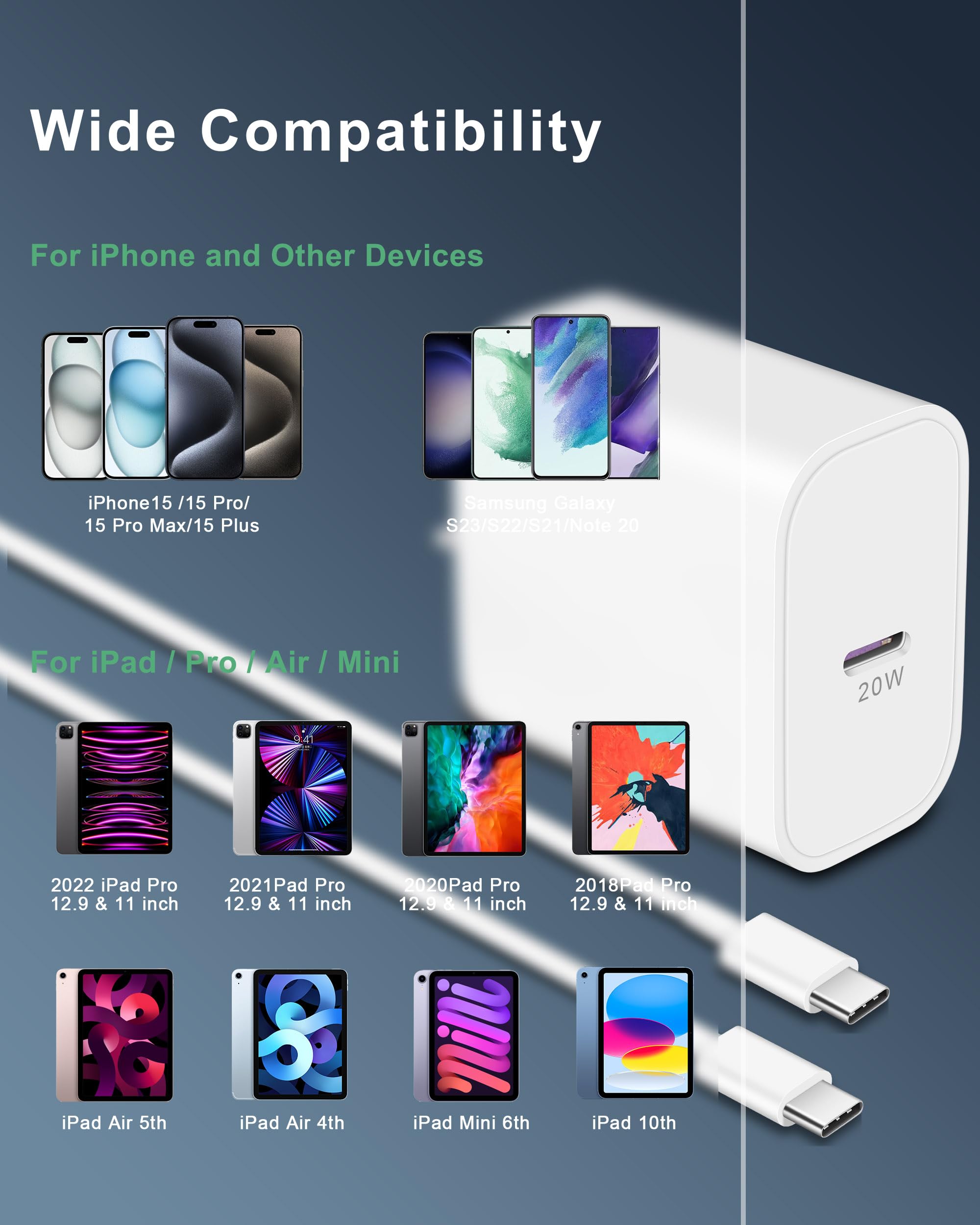 iPad Pro Charger iPad Fast Charger, 30W USB C Fast Wall Charger Blcok with 60W/3A 10FT Long USB C to USB C Cable for iPad Pro 12.9/11 inch, iPad 10th Generation, iPad Air 5/4th, iPad Mini 6