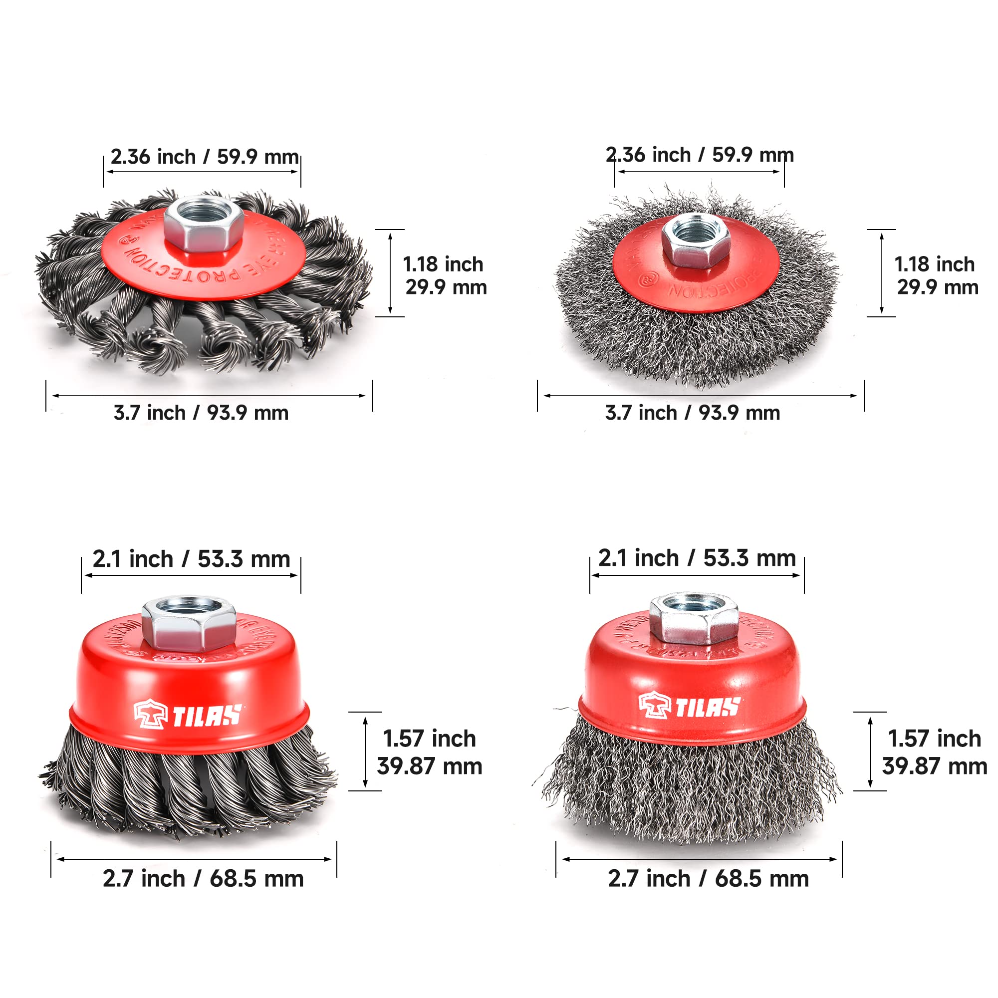 TILAX 4pcs Wire Wheel Cup Brush for Angle Grinder, 5/8 Inch-11 Threaded Arbor, 0.012" Coarse Carbon and 0.02" Knotted Carbon Steel Wire for 4 1/2 Angle Grinder for Heavy-Duty Rust,Paint Removal