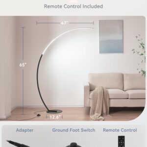 LEDIARY Arc Floor Lamp, 65" Modern Floor Lamp with Remote Control, Dimmable Standing Lamp, Black LED Reading Lamp for Living Room Bedroom Office Home, Stepless Color Temperature