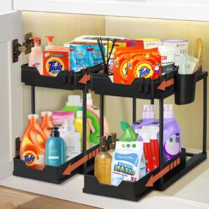 ENOMY 2 Pack Double Sliding Under Sink Organizers and Storage, 2 Tier Under Cabinet Organizer with Hooks & Hanging Cups Multi-Purpose Under Sink Shelf Organizer for Bathroom Kitchen, Black