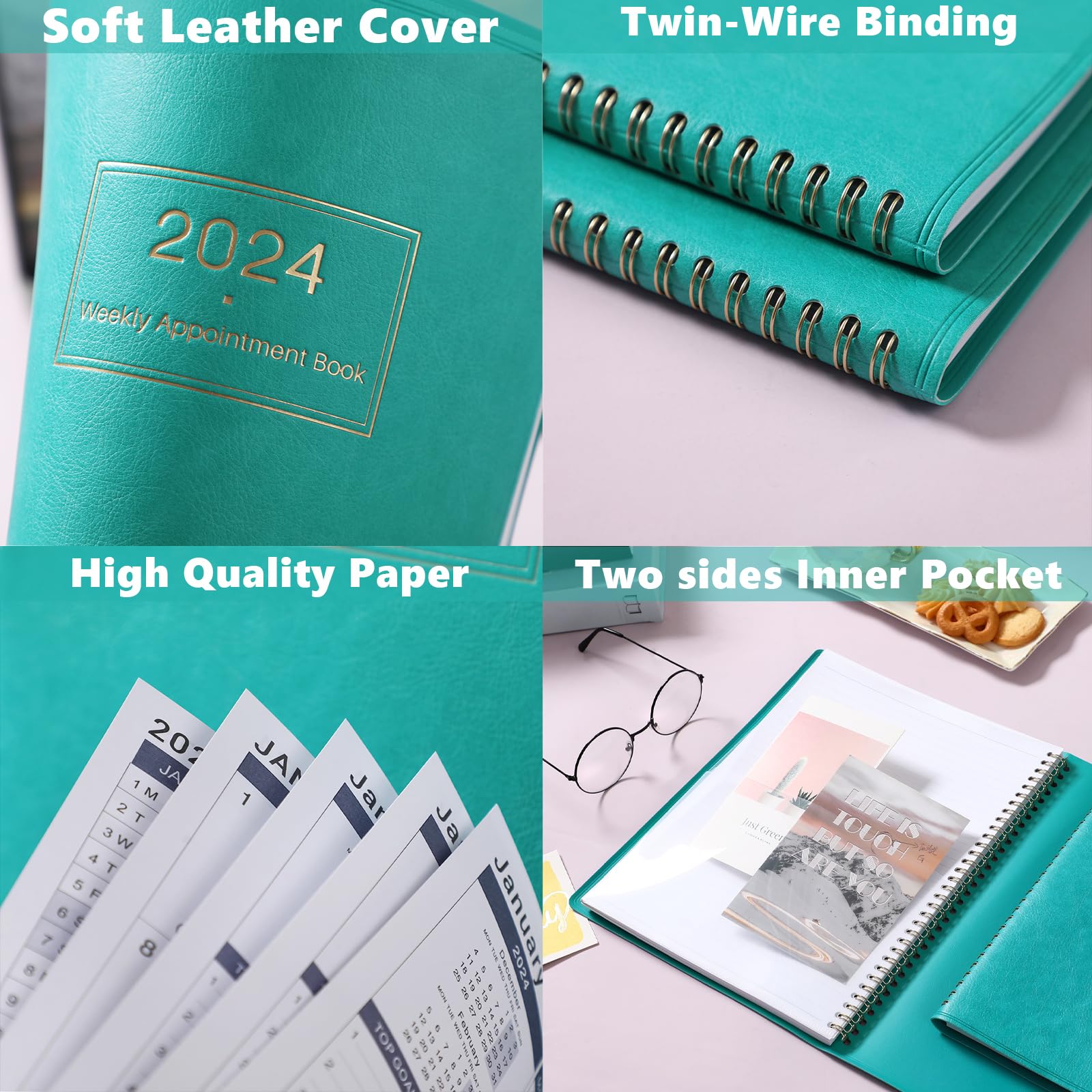 2024 Weekly Appointment Book & Planner - Large 2024 Daily Hourly Planner, January 2024 - December 2024, 8.5" x 11", 2024 Appointment Book with 15-Minute Interval + Thick Paper + Pocket - Turquoise