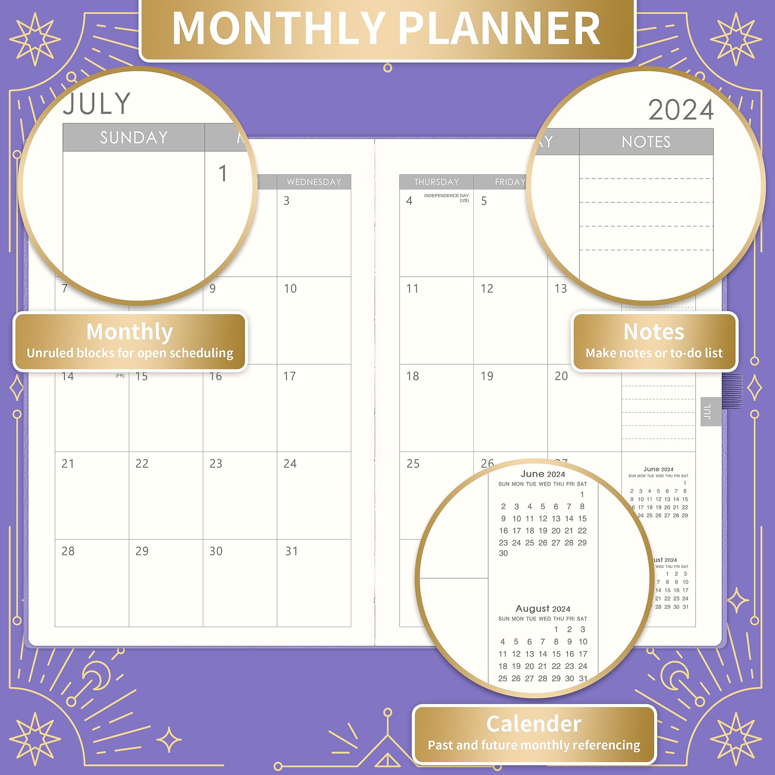 2024 Planner - 2024 Weekly Monthly Planner, Janaury 2024 - December 2024, 5.75" x 8.25", Faux Leather Planner 2024 with Back Pocket & 40 Notes Pages - Medium Purple