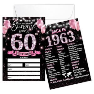 60th birthday party invitation card - rose gold invites with back in 1963 poster printing on the back double-sided fill-in invites - 20 cards with envelopes for party favors - sr-06