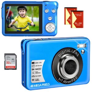 digital camera for kids, 2.7k digital camera for teens, boys and girls, 16x digital zoom camera with 32gb sd card and 2 batteries (blue)