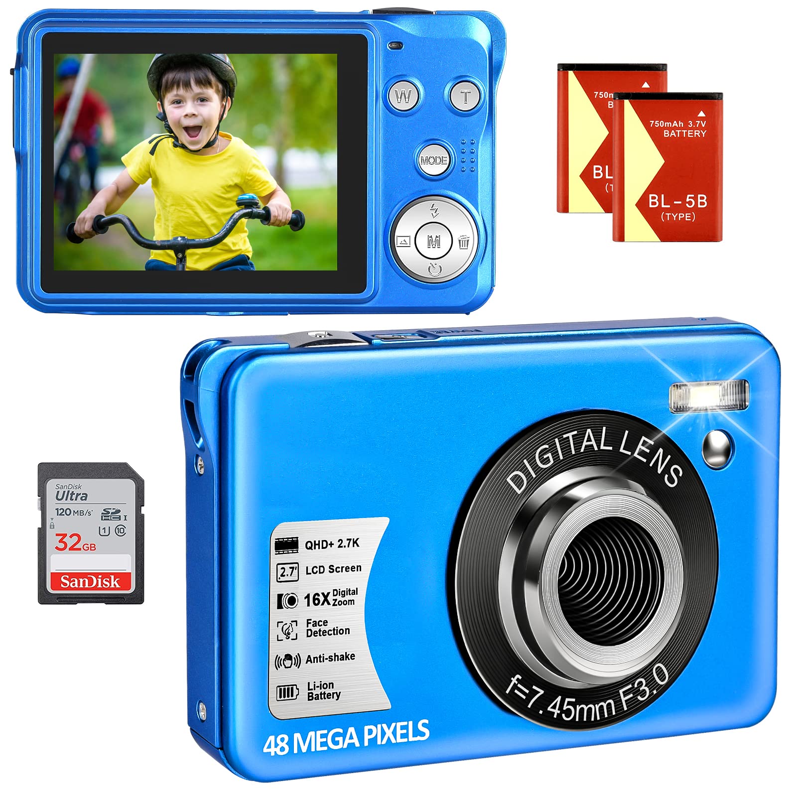 Digital Camera for Kids, 2.7K Digital Camera for Teens, Boys and Girls, 16X Digital Zoom Camera with 32GB SD Card and 2 Batteries (Blue)