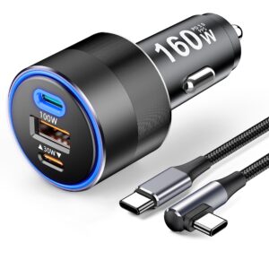160w usb c car charger fast charging cigarette lighter pd3.0 100w pps 45w qc5 30w type c car charger for macbook pro air laptop ipad iphone 14 13 12 pro samsung s23 s22 (with 100w usb c cable)