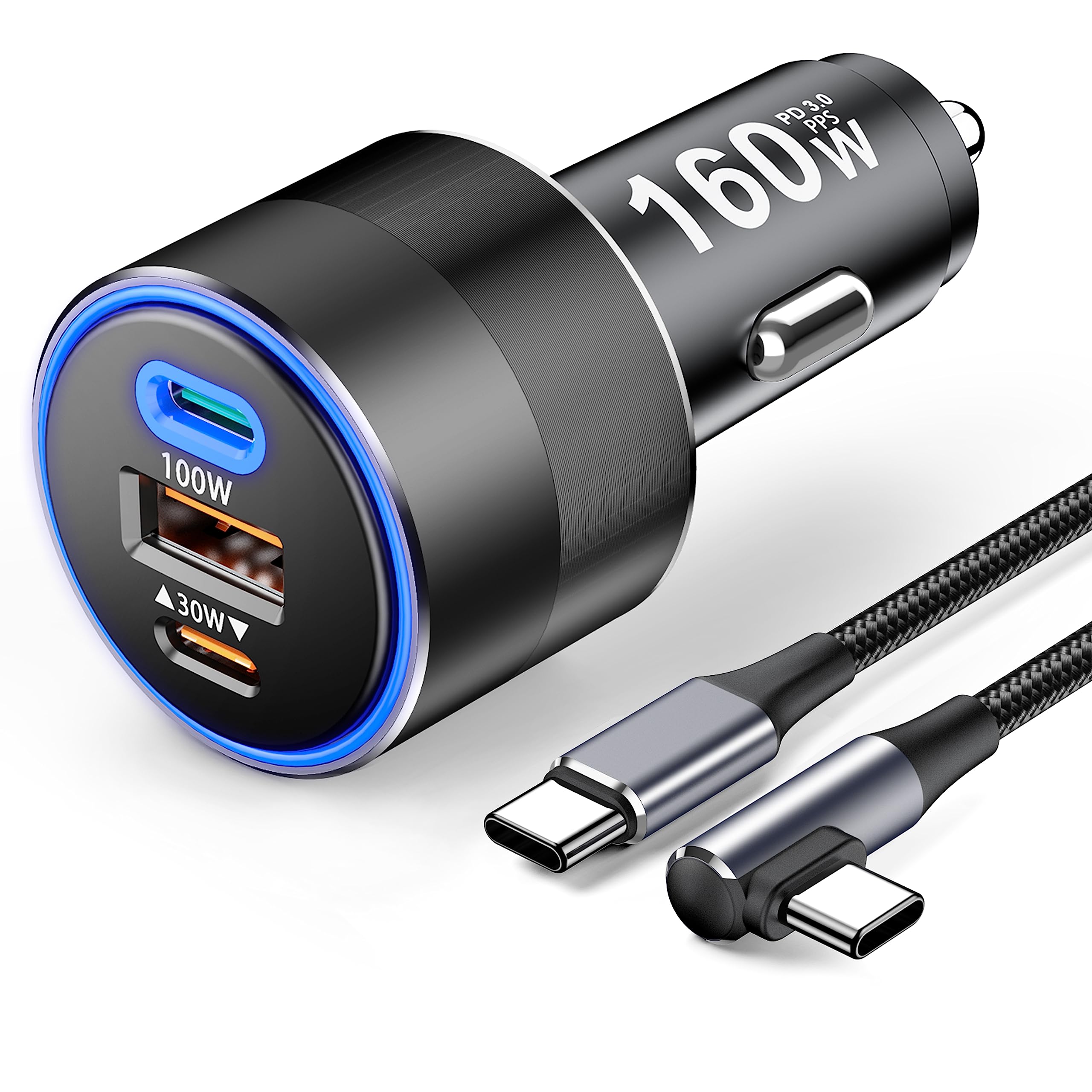 160W USB C Car Charger Fast Charging Cigarette Lighter PD3.0 100W PPS 45W QC5 30W Type C Car Charger for MacBook Pro Air Laptop iPad iPhone 14 13 12 Pro Samsung S23 S22 (with 100W USB C Cable)