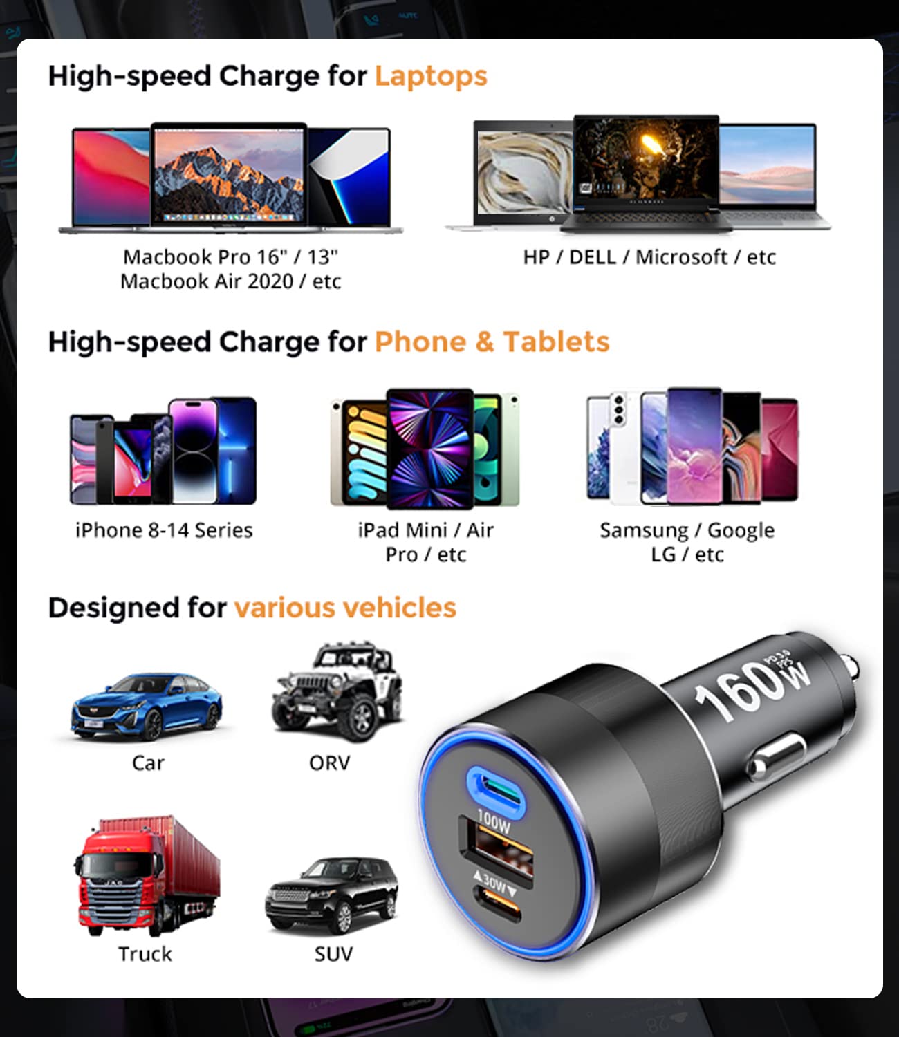 160W USB C Car Charger Fast Charging Cigarette Lighter PD3.0 100W PPS 45W QC5 30W Type C Car Charger for MacBook Pro Air Laptop iPad iPhone 14 13 12 Pro Samsung S23 S22 (with 100W USB C Cable)