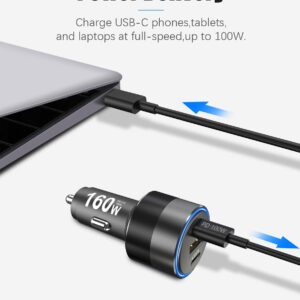 160W USB C Car Charger Fast Charging Cigarette Lighter PD3.0 100W PPS 45W QC5 30W Type C Car Charger for MacBook Pro Air Laptop iPad iPhone 14 13 12 Pro Samsung S23 S22 (with 100W USB C Cable)