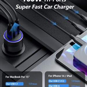 160W USB C Car Charger Fast Charging Cigarette Lighter PD3.0 100W PPS 45W QC5 30W Type C Car Charger for MacBook Pro Air Laptop iPad iPhone 14 13 12 Pro Samsung S23 S22 (with 100W USB C Cable)