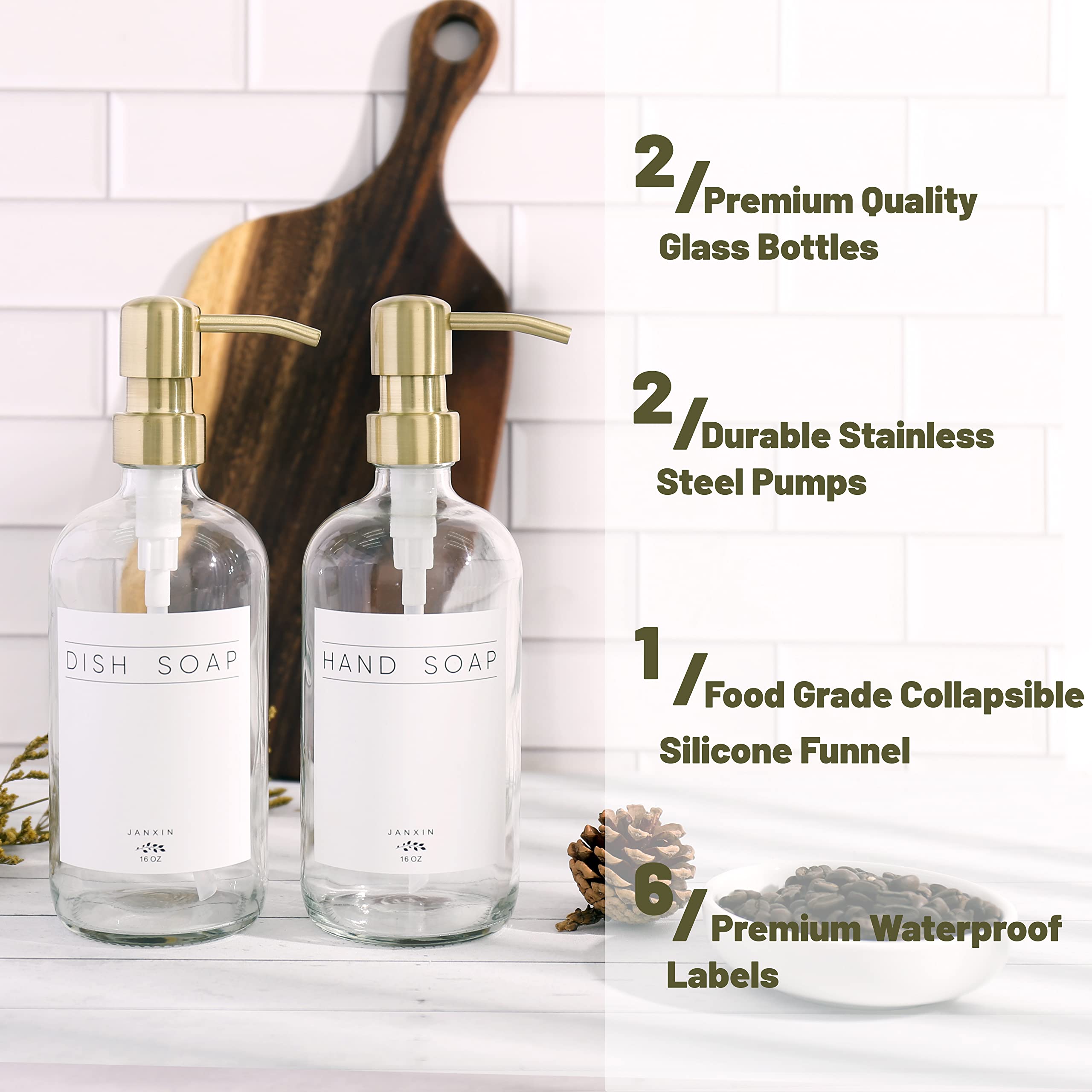 Janxin Glass Soap Dispenser 2 Pack,Dish Soap Dispenser for Kitchen Sink with Pump,Modern Bathroom Soap Dispenser with Waterproof Labels for Hand Soap, Dish Soap, Lotion (Clear Bottles+Gold Pumps)