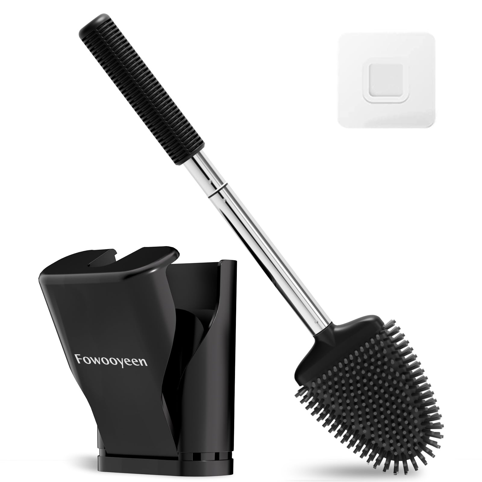 Fowooyeen Silicone Toilet Brush and Holder Set, Automatic Toilet Bowl Brushes with Ventilation Slots Base for Bathroom, Compact Size Cleaning Supplies Toilet Cleaner Brush Black