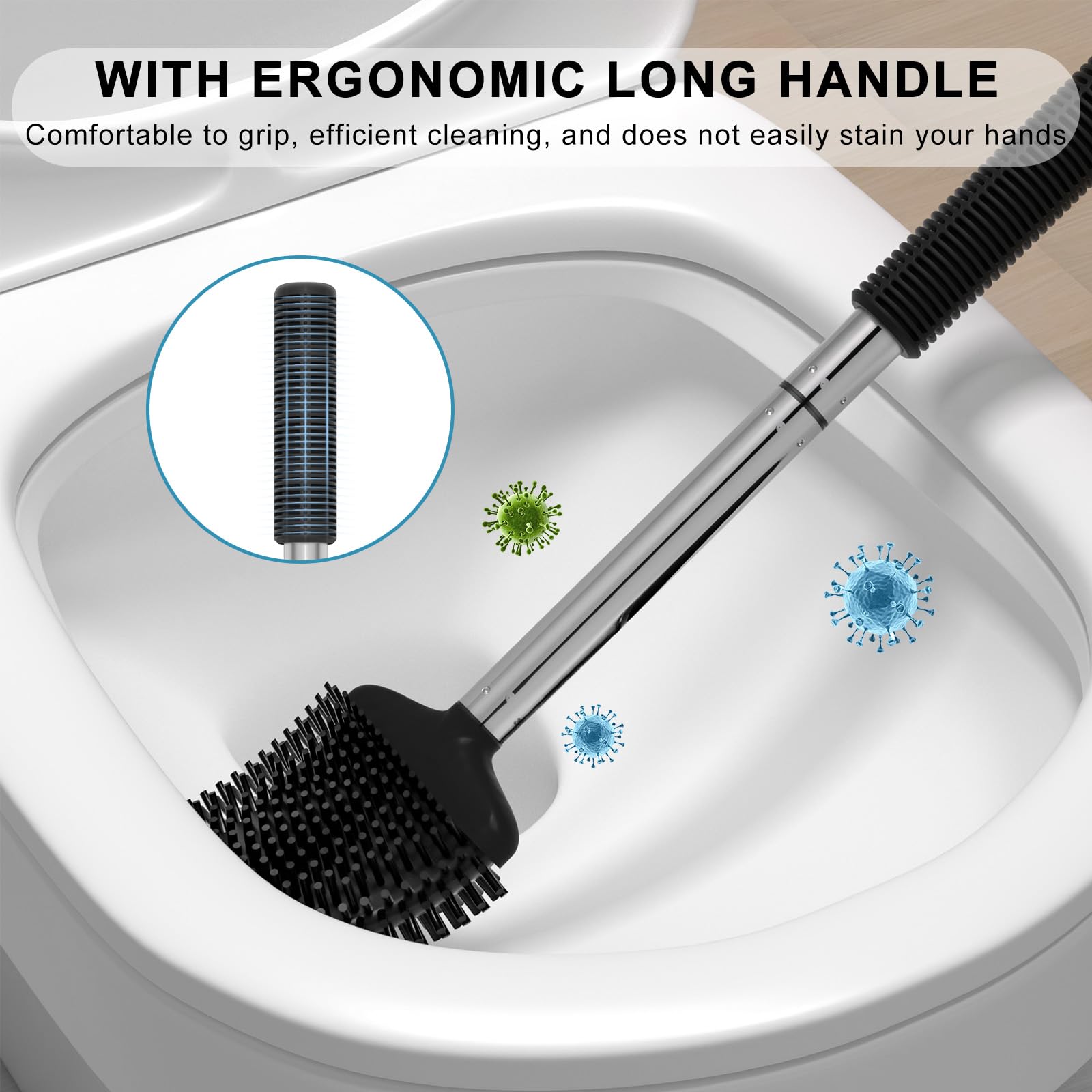 Fowooyeen Silicone Toilet Brush and Holder Set, Automatic Toilet Bowl Brushes with Ventilation Slots Base for Bathroom, Compact Size Cleaning Supplies Toilet Cleaner Brush Black