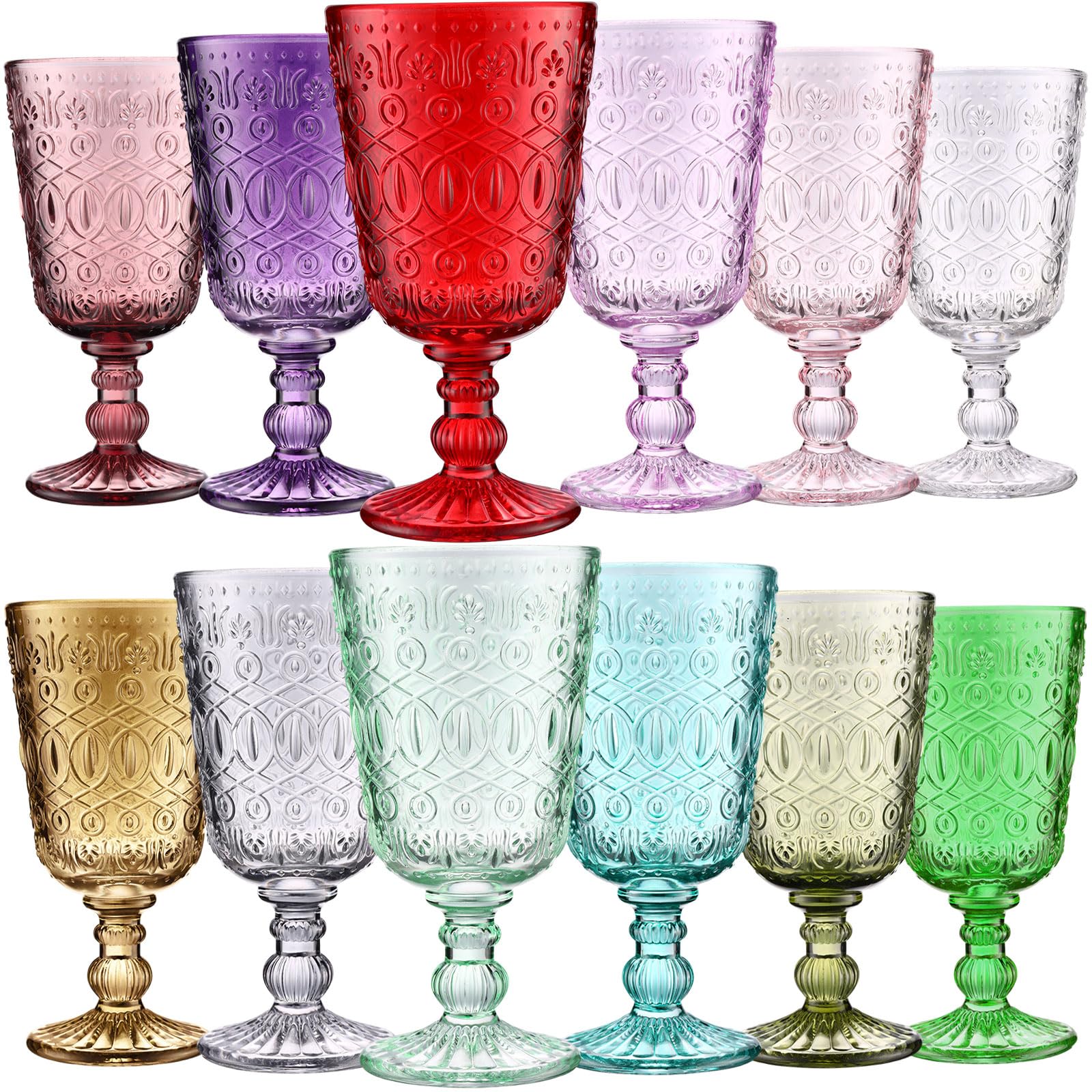12 Pcs Wine Glass Goblets Colored Glass Goblets Bulk 9 oz Stemmed Glassware Vintage Pattern Embossed High Clear Drinking Glass with Stem Diamond Design for Wedding Party Banquet Feast, 12 Colors