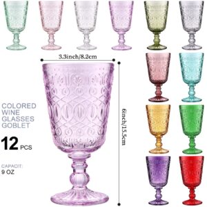 12 Pcs Wine Glass Goblets Colored Glass Goblets Bulk 9 oz Stemmed Glassware Vintage Pattern Embossed High Clear Drinking Glass with Stem Diamond Design for Wedding Party Banquet Feast, 12 Colors