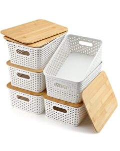 eoenvivs set of 6 storage baskets with bamboo lids, plastic storage bins for pantry organization and storage containers for shelves drawers desktop closet playroom classroom office home, white