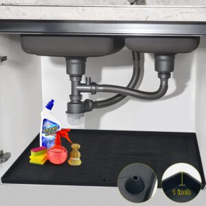 under sink mat, budo 31"x 22" under sink pad for kitchen waterproof, silicone under sink liner drip tray with unique drain hole, cabinet protector mats for kitchen & bathroom (black)