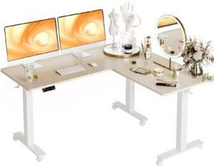 claiks triple motor l shaped standing desk, 63 x 55 inch corner stand up desk, adjustable height desk with splice board, white frame/nature top