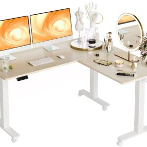 Claiks Triple Motor L Shaped Standing Desk, 63 x 55 inch Corner Stand Up Desk, Adjustable Height Desk with Splice Board, White Frame/Nature Top