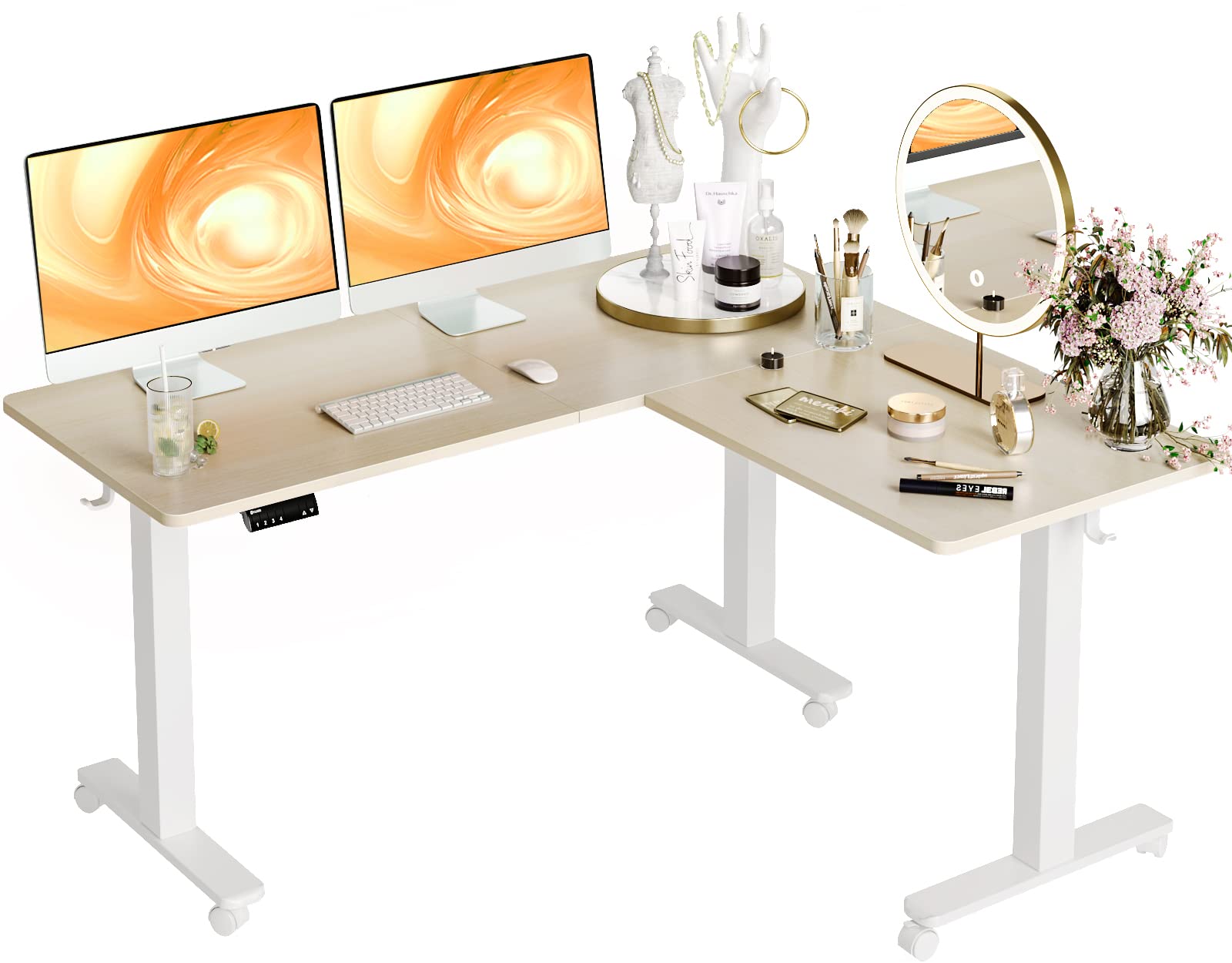 Claiks Triple Motor L Shaped Standing Desk, 63 x 55 inch Corner Stand Up Desk, Adjustable Height Desk with Splice Board, White Frame/Nature Top