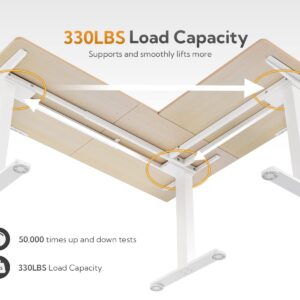 Claiks Triple Motor L Shaped Standing Desk, 63 x 55 inch Corner Stand Up Desk, Adjustable Height Desk with Splice Board, White Frame/Nature Top