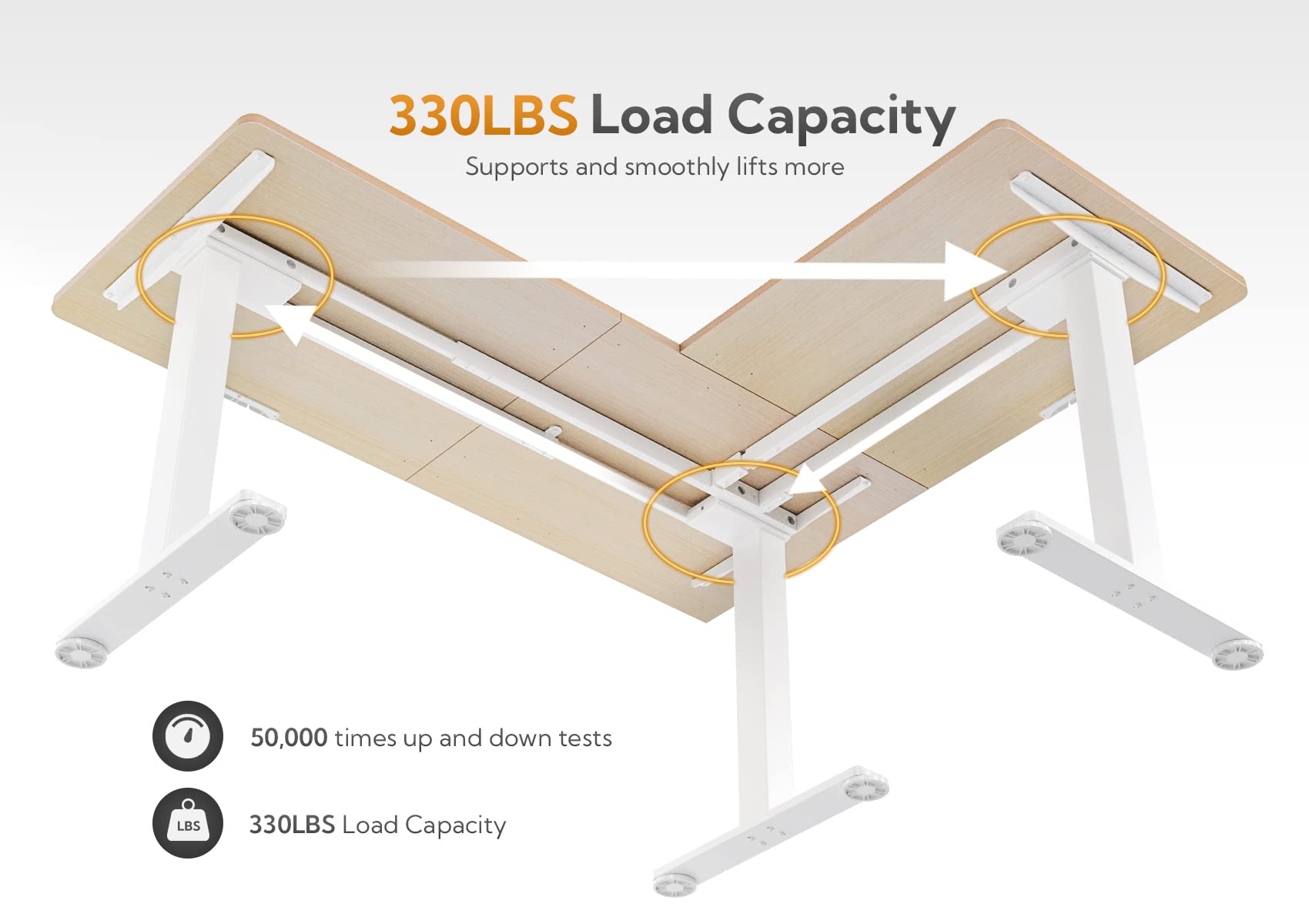 Claiks Triple Motor L Shaped Standing Desk, 63 x 55 inch Corner Stand Up Desk, Adjustable Height Desk with Splice Board, White Frame/Nature Top