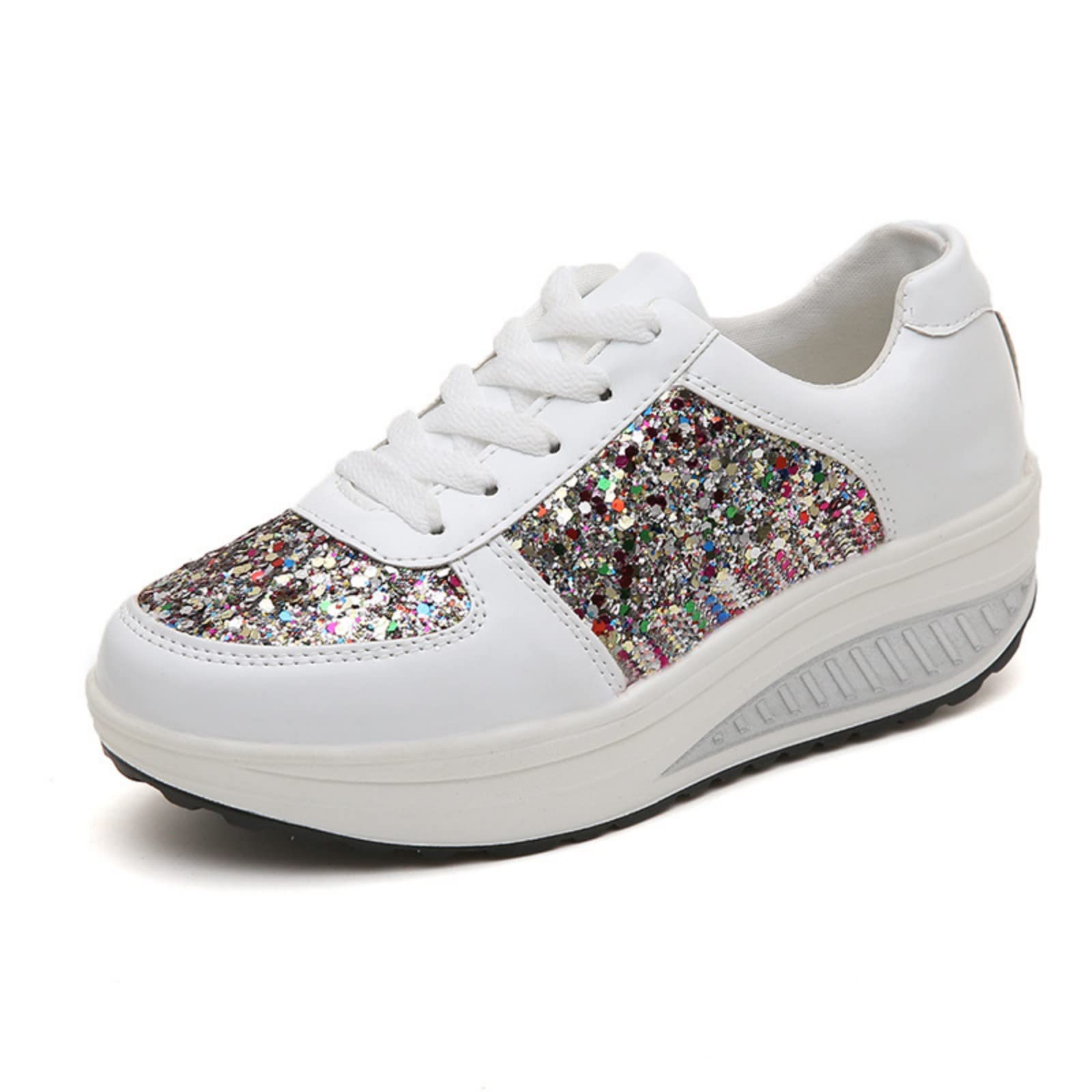 pearlzone Women's Fashion Casual Breathable Crystal Bling Lace Up Sport Shoes,Sparkly Sequin Lightweight Non Slip Comfort Sneakers (8,White)