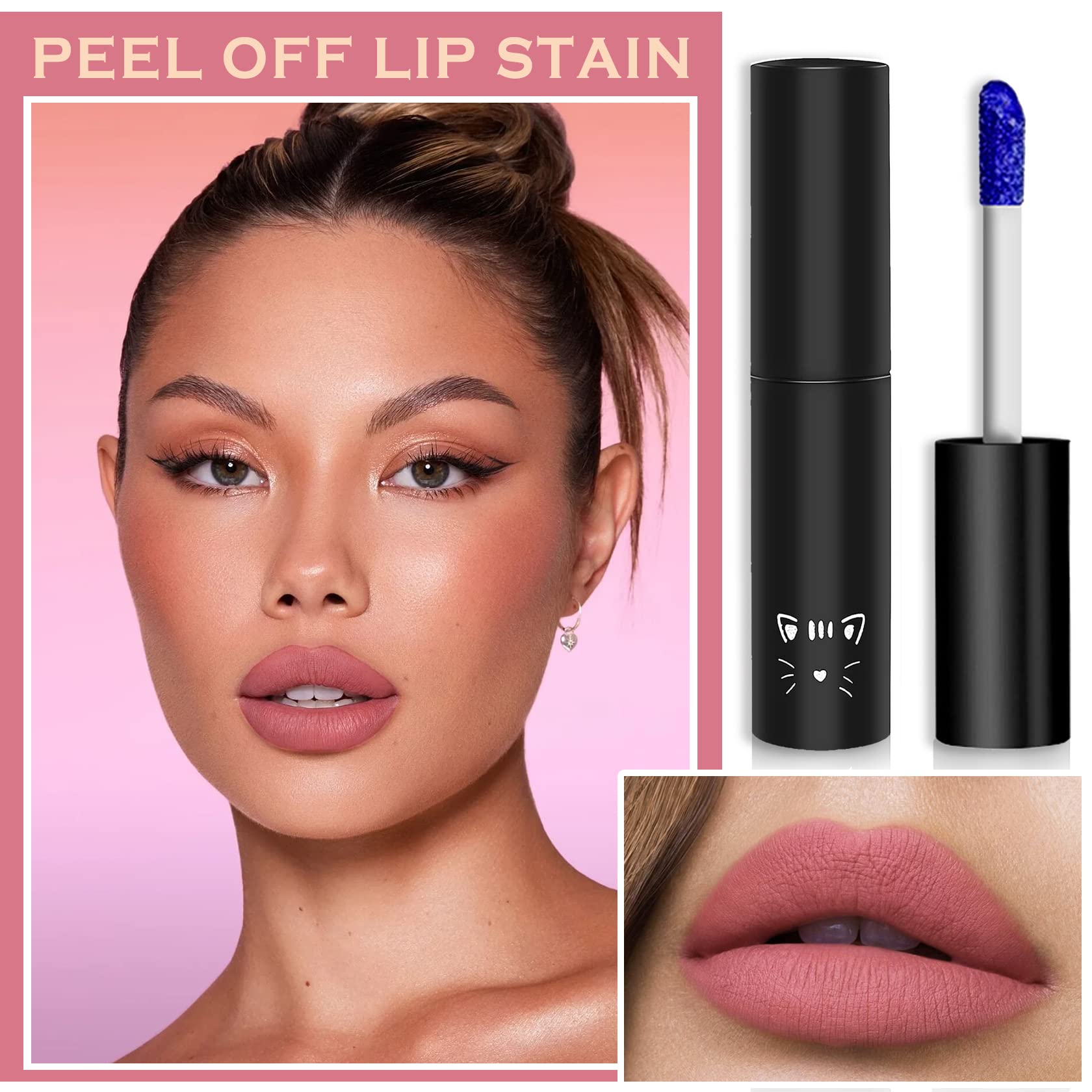 QIUFSSE Peel Off Lip Stain Lip Tint Matte Liquid Lipstick Nude Lip Gloss Long Lasting Waterproof Lip Tint Stain Non-stick Cup Peel Off Lipstick Lip Makeup for Women Girls - 01