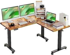 claiks triple motor l shaped standing desk, 63 x 55 inch corner stand up desk, adjustable height desk with splice board, black frame/rustic brown top