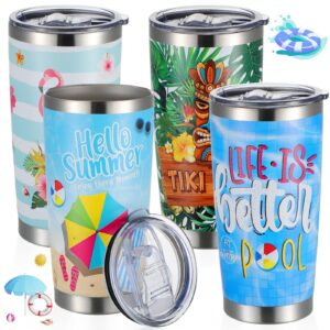 4 pieces summer hawaii beach tumbler cups 20oz insulated stainless steel travel mug tumblers with lid tropical flamingo vacuum wine cup vacation gifts sea beach pool party