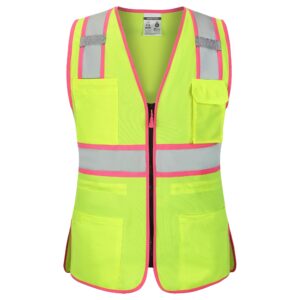 hi vis safety vest for women, working drawstring waist construction vest with pockets and zipper, womens safety vest, ansi type r class2, yellow pink strips, m