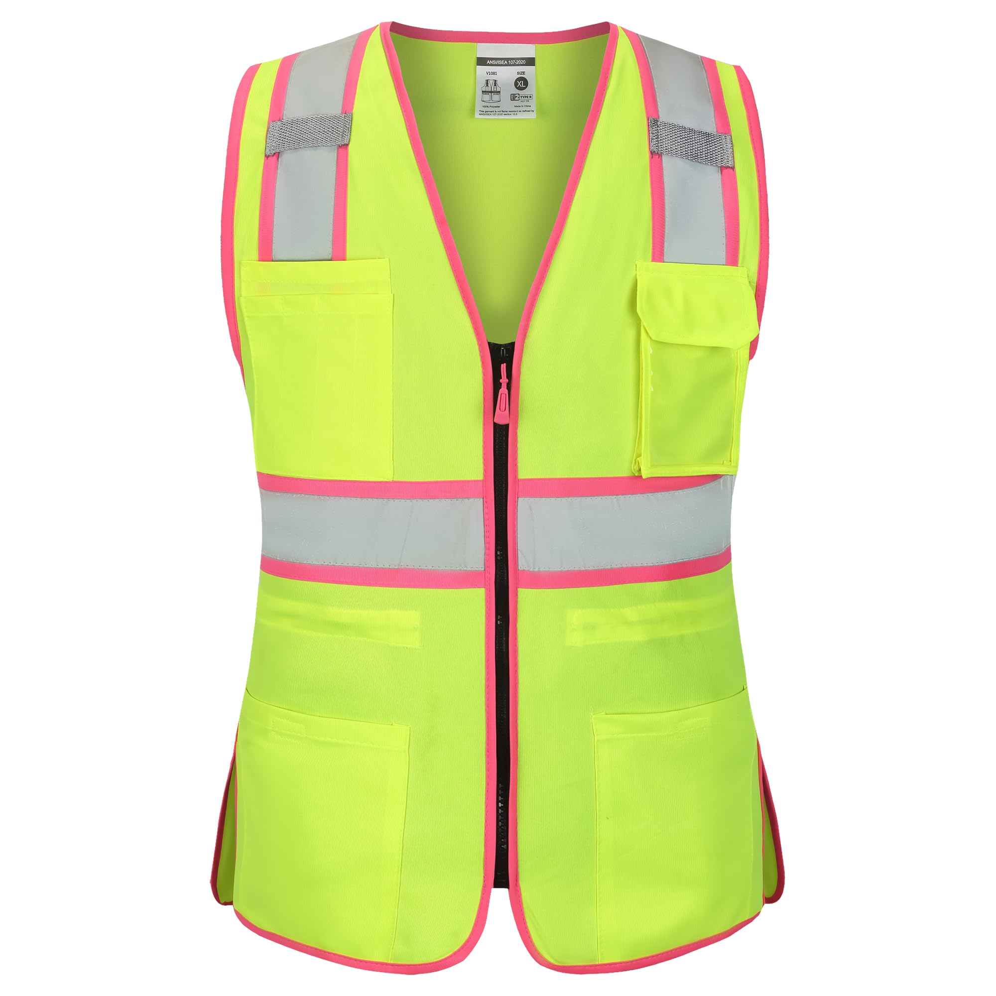 Hi Vis Safety Vest for Women, Working Drawstring waist Construction Vest with Pockets and Zipper, Womens Safety Vest, ANSI Type R Class2, Yellow Pink Strips, M