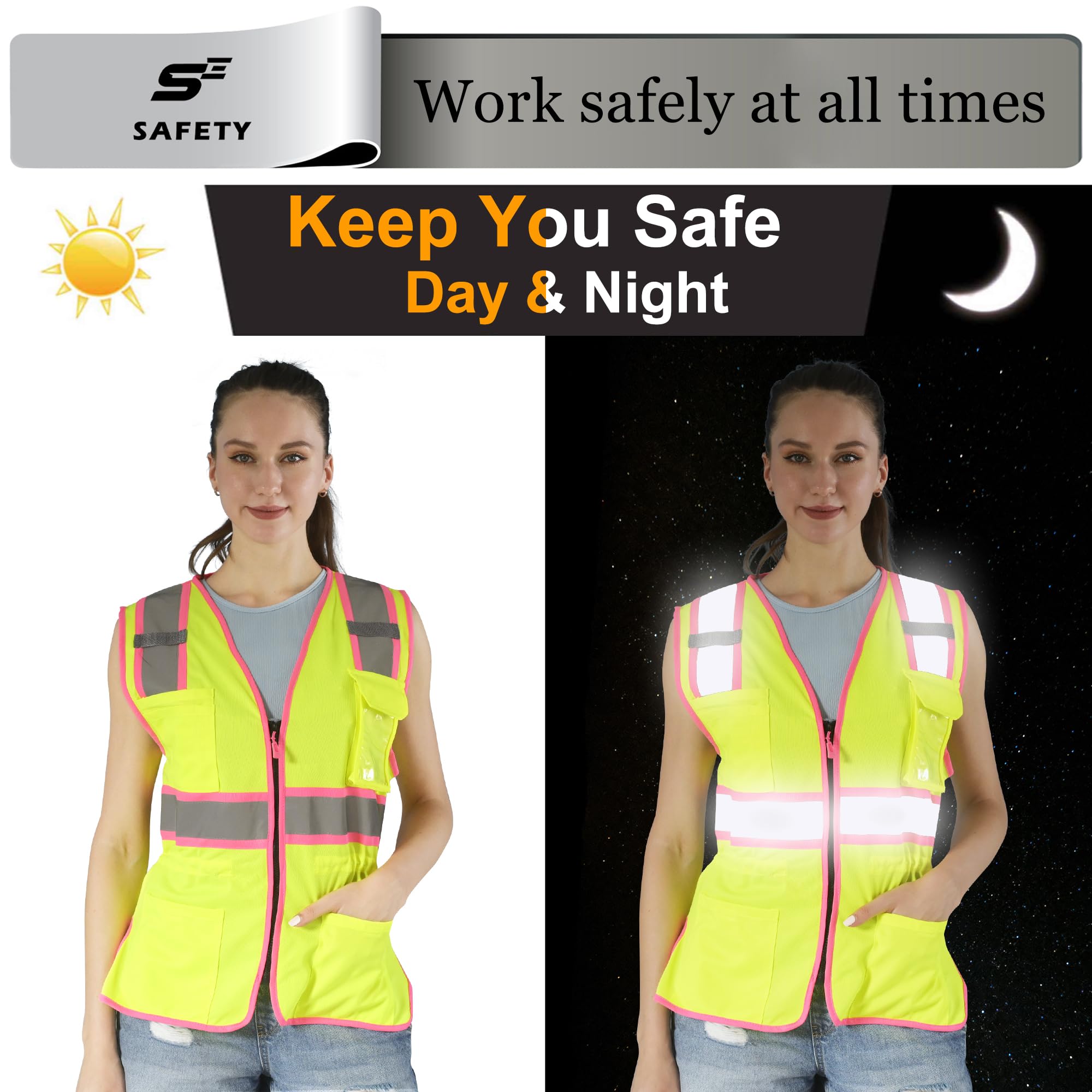 Hi Vis Safety Vest for Women, Working Drawstring waist Construction Vest with Pockets and Zipper, Womens Safety Vest, ANSI Type R Class2, Yellow Pink Strips, M