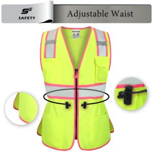 Hi Vis Safety Vest for Women, Working Drawstring waist Construction Vest with Pockets and Zipper, Womens Safety Vest, ANSI Type R Class2, Yellow Pink Strips, M