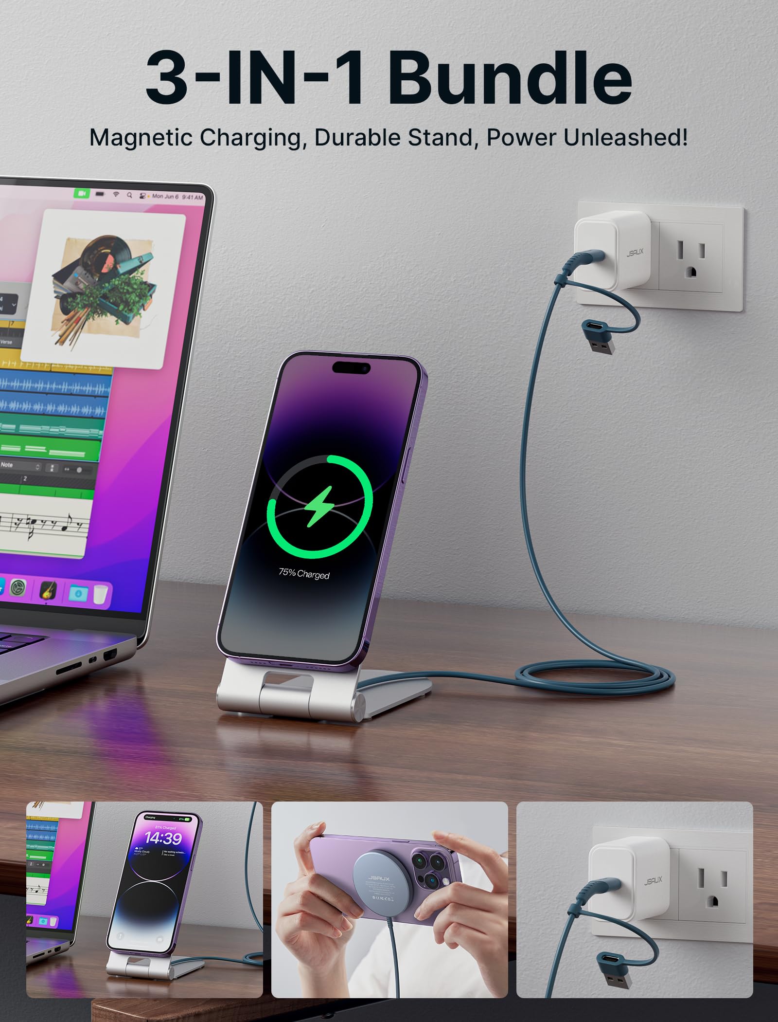 Compatible with MagSafe Charger for iPhone 15 - JSAUX Magnetic Wireless Charger Stand for iPhone 15/15 Pro/15 Plus/15 Pro Max/14 13 12, Magnet Charging Pad (Blue) with 20W PD Adapter and Metal Stand