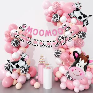 pink cow balloons garland arch kit, 141pcs pastel pink confetti cow print balloons moomoo banners foil cow for western cowboy cowgirl farm animal themed baby shower birthday party decorations supplies