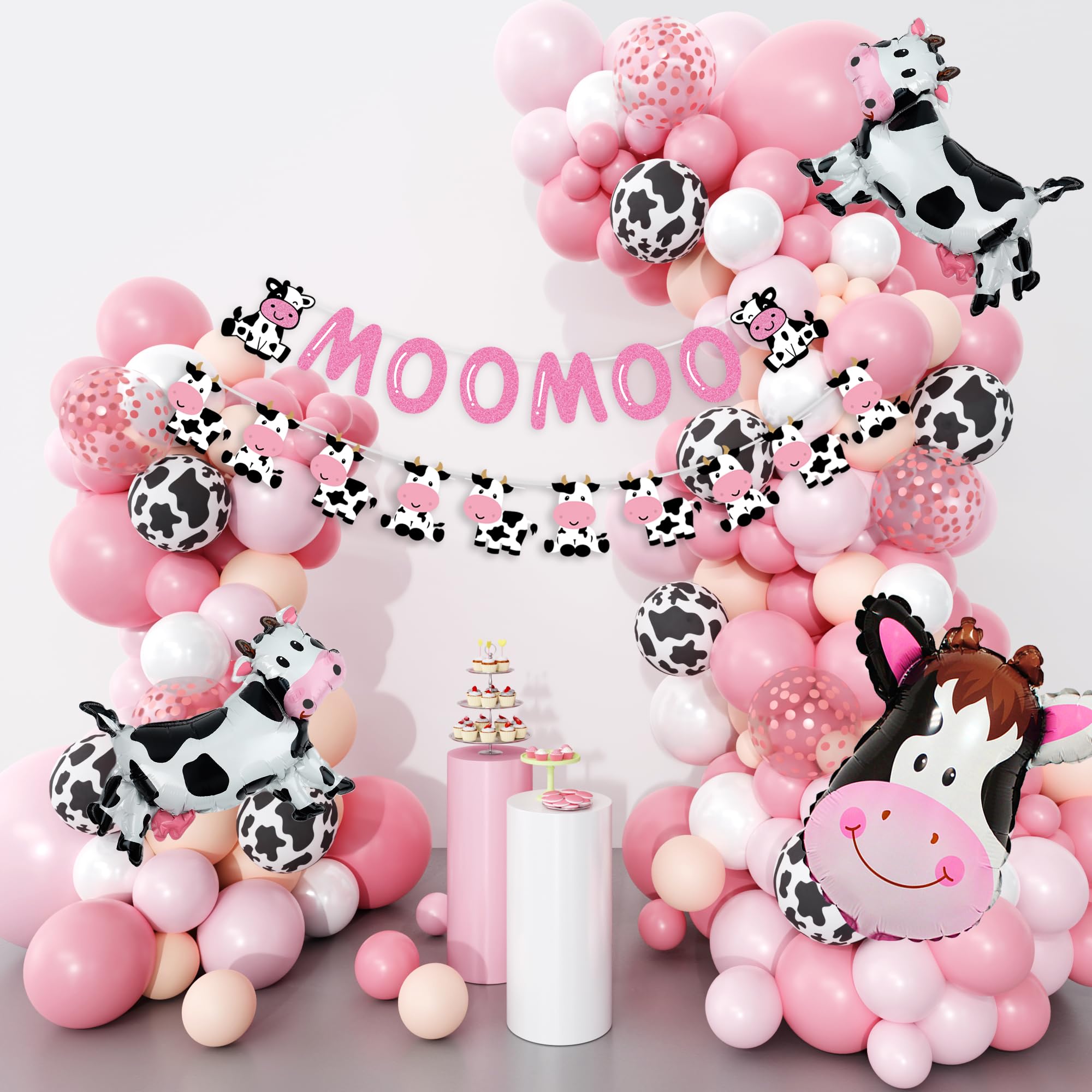 Pink Cow Balloons Garland Arch Kit, 141Pcs Pastel Pink Confetti Cow Print Balloons MOOMOO Banners Foil Cow for Western Cowboy Cowgirl Farm Animal Themed Baby Shower Birthday Party Decorations Supplies