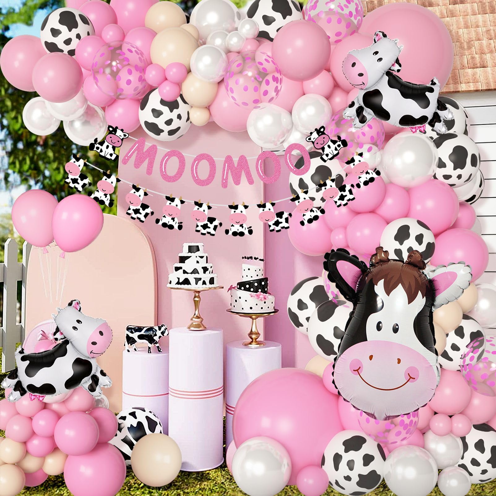 Pink Cow Balloons Garland Arch Kit, 141Pcs Pastel Pink Confetti Cow Print Balloons MOOMOO Banners Foil Cow for Western Cowboy Cowgirl Farm Animal Themed Baby Shower Birthday Party Decorations Supplies