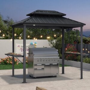 PURPLE LEAF 6' X 8' Hardtop Grill Gazebo for Patio Permanent Aluminum Barbeque Shelter Gazebo Canopy with Ceiling Hook and Shelves Double Tiered Grey Outdoor BBQ Gazebo