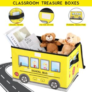 Sweetude 2 Pcs School Bus Treasure Box for Classroom, Foldable Chest Storage Box Toy Box Chest with Lid Treasure Storage Organizer Bin for Kids Teachers Toy Prizes Awards for Students (Yellow)