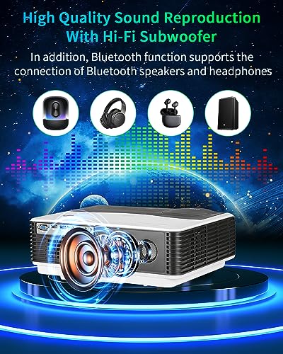 Native 1080P Full HD Video Projector for Outdoor Moives 200'' Display 9000 Lumens Wireless Bluetooth WiFi Projector Smart Home Theater Projector Gaming,Zoomable,10W Speakers,iOS,Android,TV Stick