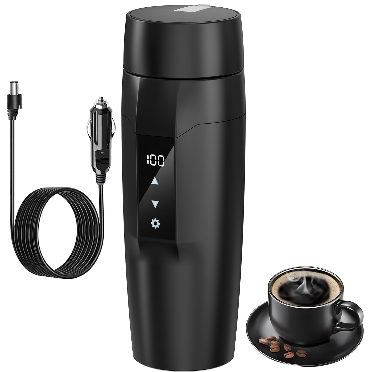 Portable Car Heating Cup, 350 ml Travel Electric Kettle, 304 Stainless Steel Liner Car Heated Mug, 40~100℃ Adjustable, 12V 80W Fast Boiling Bottle, Leak-Proof, Anti-Dry Burn Protection(Black)