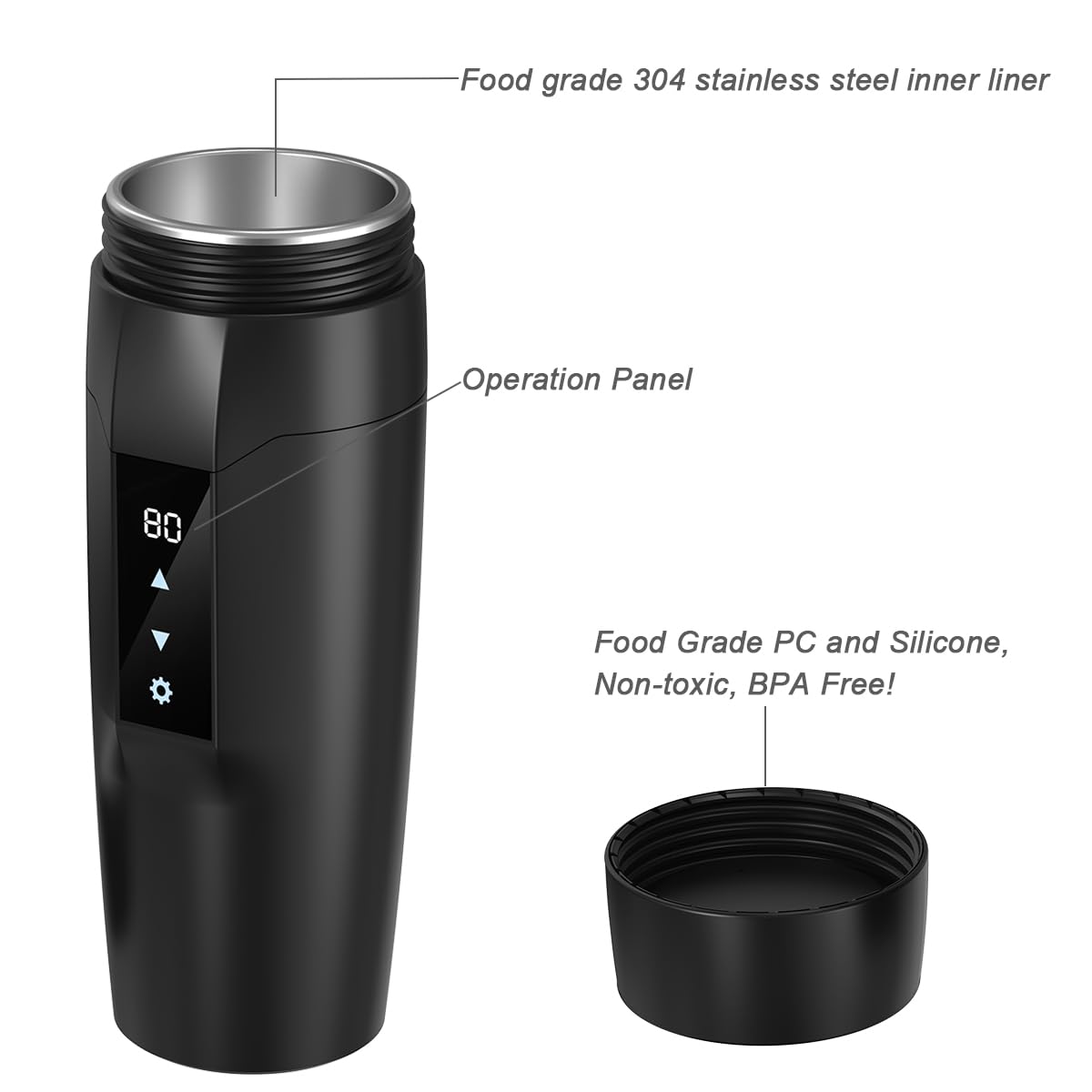 Portable Car Heating Cup, 350 ml Travel Electric Kettle, 304 Stainless Steel Liner Car Heated Mug, 40~100℃ Adjustable, 12V 80W Fast Boiling Bottle, Leak-Proof, Anti-Dry Burn Protection(Black)