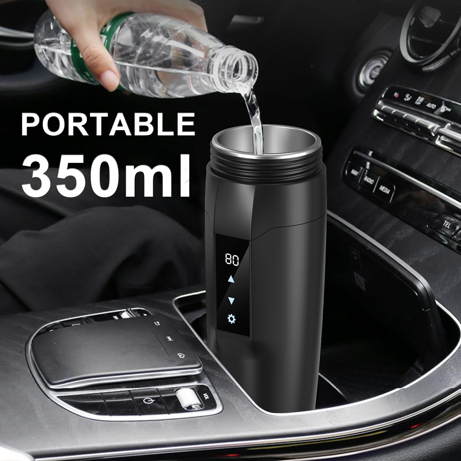 Portable Car Heating Cup, 350 ml Travel Electric Kettle, 304 Stainless Steel Liner Car Heated Mug, 40~100℃ Adjustable, 12V 80W Fast Boiling Bottle, Leak-Proof, Anti-Dry Burn Protection(Black)