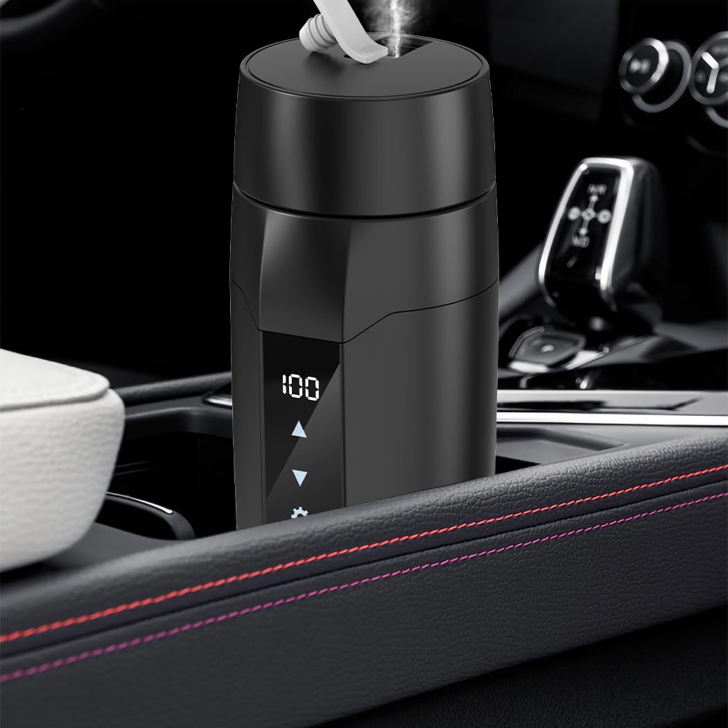 Portable Car Heating Cup, 350 ml Travel Electric Kettle, 304 Stainless Steel Liner Car Heated Mug, 40~100℃ Adjustable, 12V 80W Fast Boiling Bottle, Leak-Proof, Anti-Dry Burn Protection(Black)