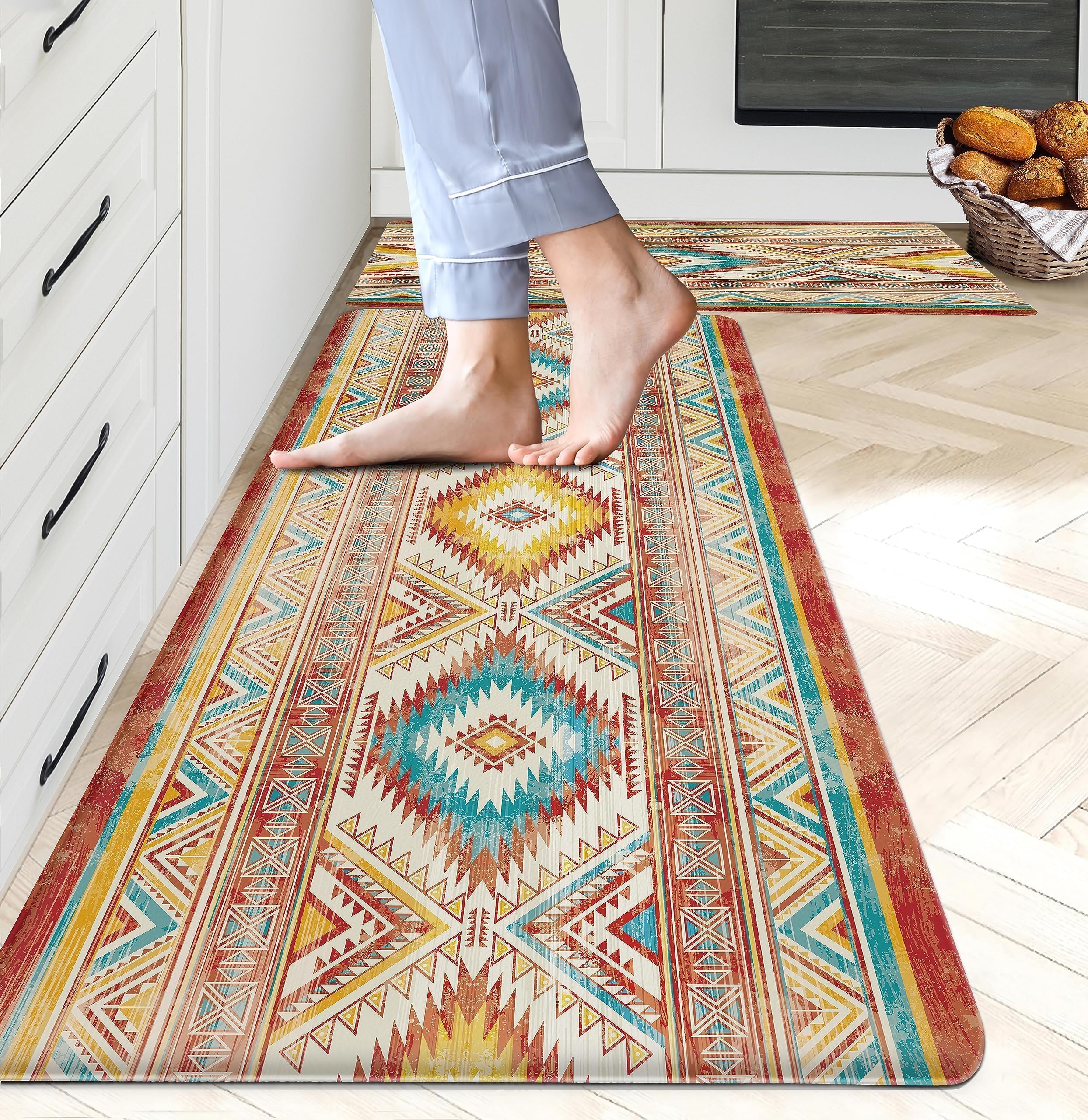 Tritard Kitchen Floor Mat Set of 2 Cushioned Anti Fatigue Western Aztec Kitchen Mats Memory Foam PVC Rubber Rugs Padded Non Slip Waterproof Kitchen Rugs Comfort Kitchen Mats for Standing, Kitchen