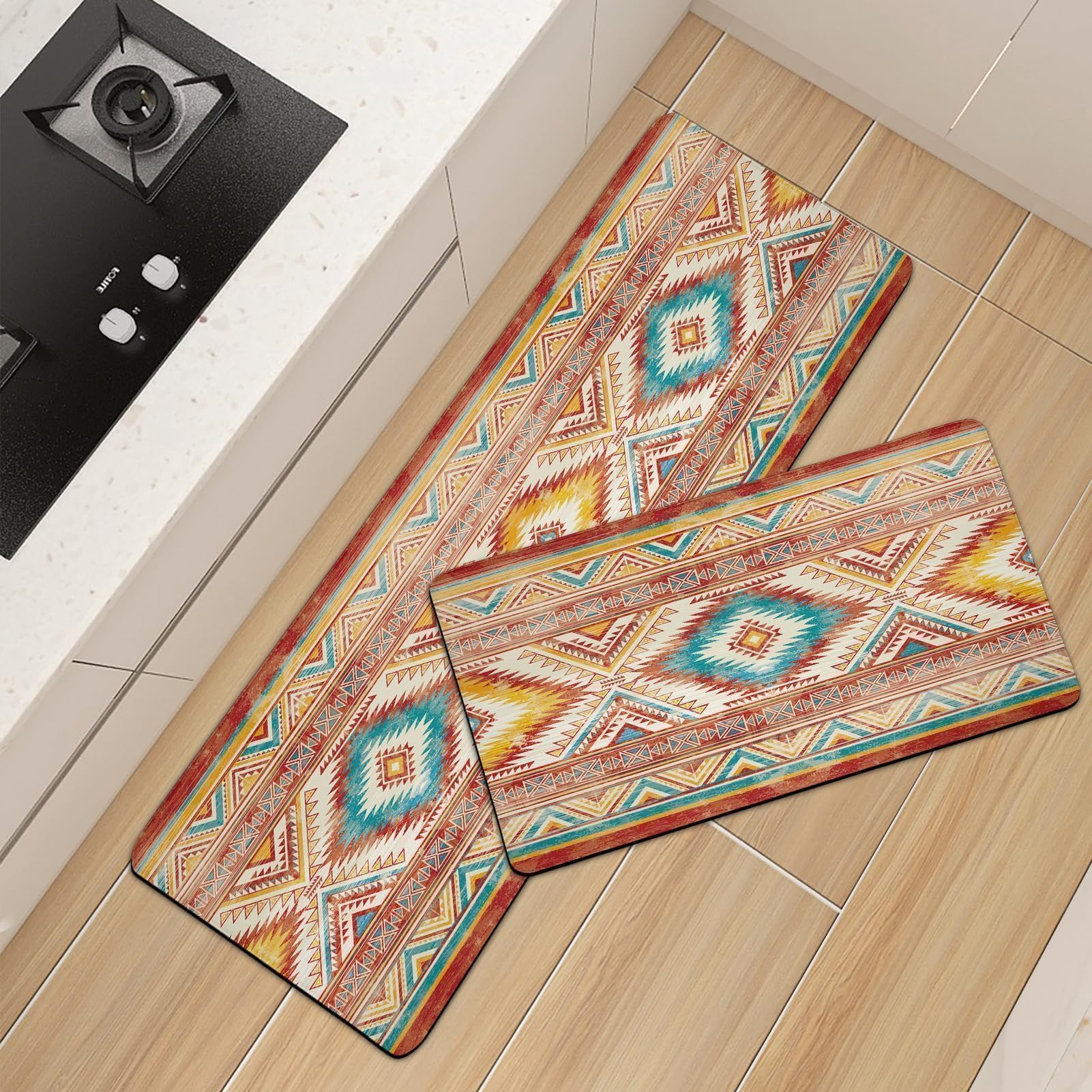 Tritard Kitchen Floor Mat Set of 2 Cushioned Anti Fatigue Western Aztec Kitchen Mats Memory Foam PVC Rubber Rugs Padded Non Slip Waterproof Kitchen Rugs Comfort Kitchen Mats for Standing, Kitchen